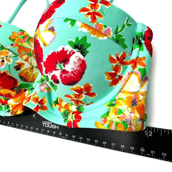 AERIE 32D Teal Pink Floral Hibiscus Tropical Padded Push Up Bikini Top Swimwear - Picture 4 of 6